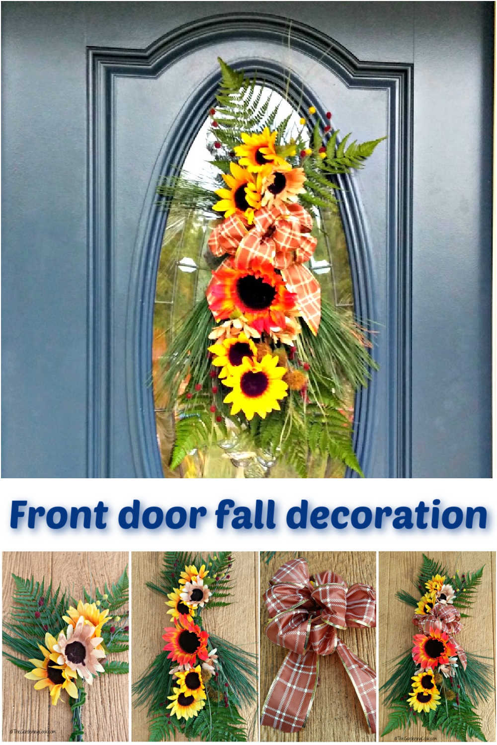 A collage showing a blue coor decoration with a fall door swag and close up pictures showing how to makie it. White text box reads front door fall decoration.