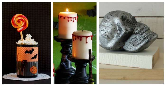 Halloween decor projects in a collage: party favor, spooky candles on holders and a silver skull on a book.