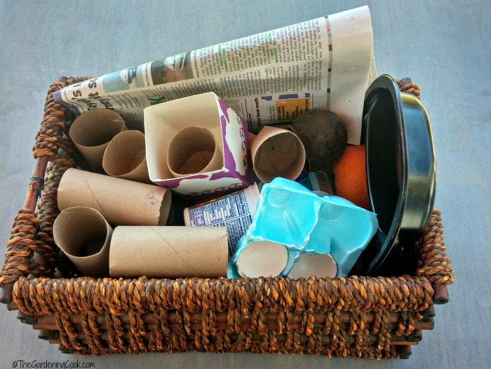 basket of supplies for DIY planting pots