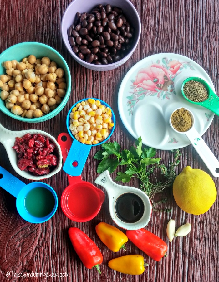 ingredients for Mediterranean bean & chick pea salad.