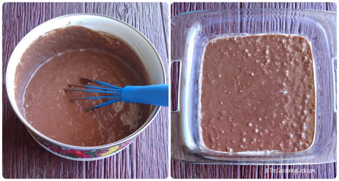 Brownie batter in a bowl with a blue whisk and brownie batter in a pan photos made into a collage.