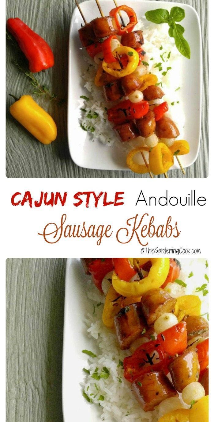 Kebabs on a white plate with vegetables and words reading Cajun style Andouille sausage kebabs.