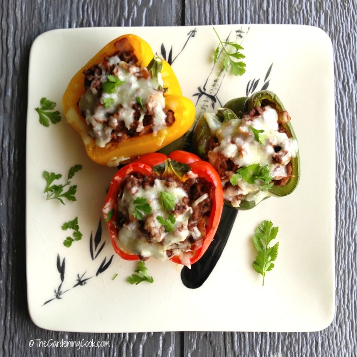 Mexican style stuffed peppers on a plate with herbs.