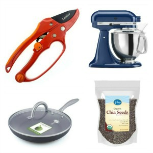 Ratcheting pruners, Kitchen aid mixer, frying pan and chia seeds.