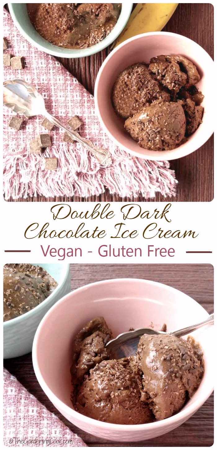 bowls of chocolate ice cream and spoons with words reading Double Dark Chocolate ice Cream - Vegan - Gluten Free.