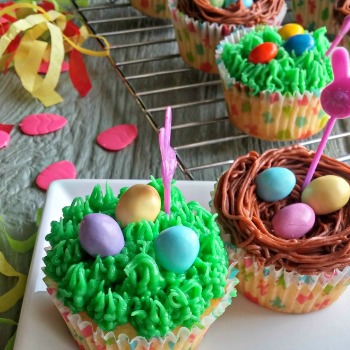 Holiday food idea - Easter grass cupcakes with small Easter eggs.