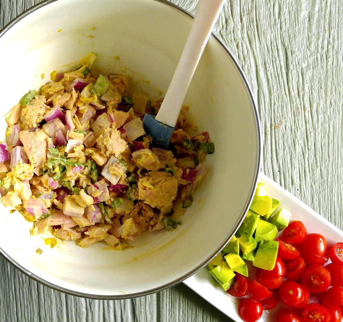 mix in the tuna to the relish dressing