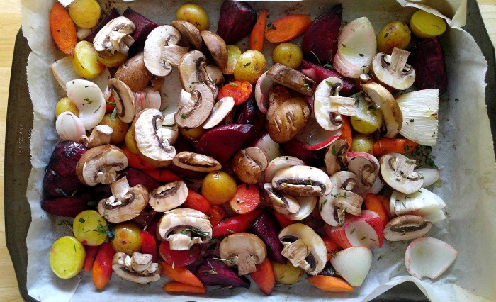 add sliced mushrooms to the roasted root vegetable medley just before they are done