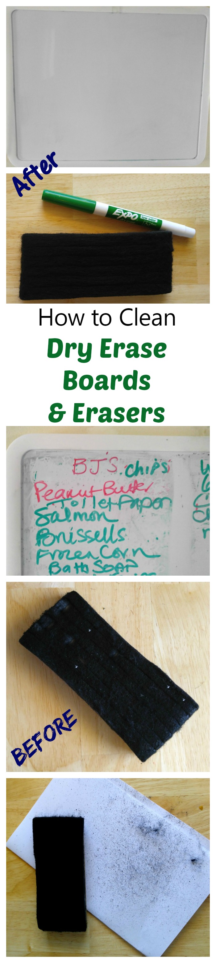 These tips for cleaning a dry erase board and eraser uses a variety of household items. See my results and my two favorite ways for cleaning a dry erase board.