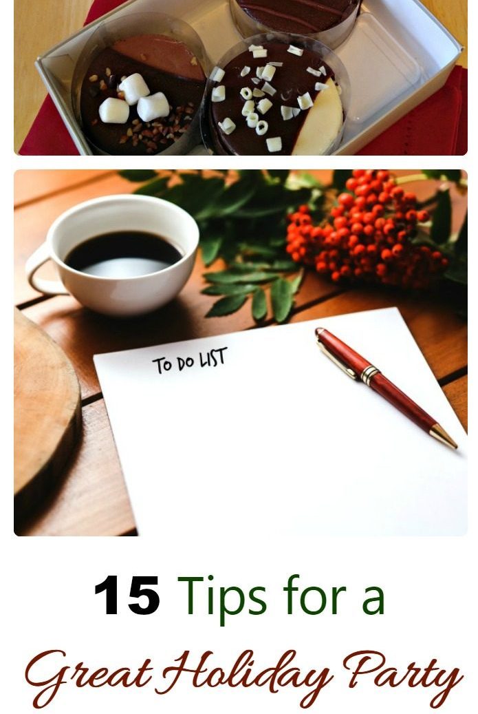 VChocolate and note paper with coffee in a collage with words reading 15 Tips for a great holiday party.