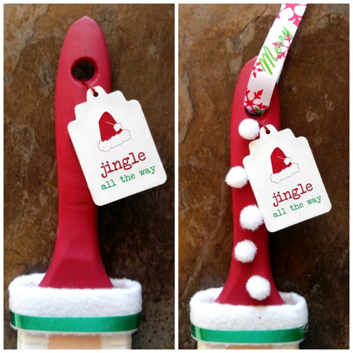Decorate the hat top with pom poms and a cute wooden Jingle hanger. Festive Christmas ribbon adds a hanger.