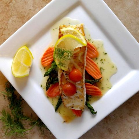 Pan seared halibut with a butter dill sauce