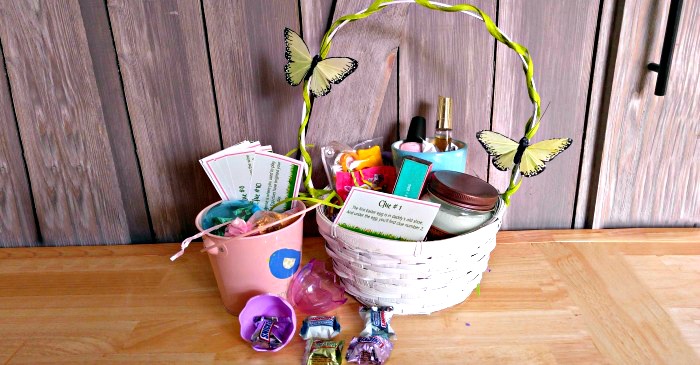 Easter Egg basket with clues for a an Easter egg hunt - teenage style.