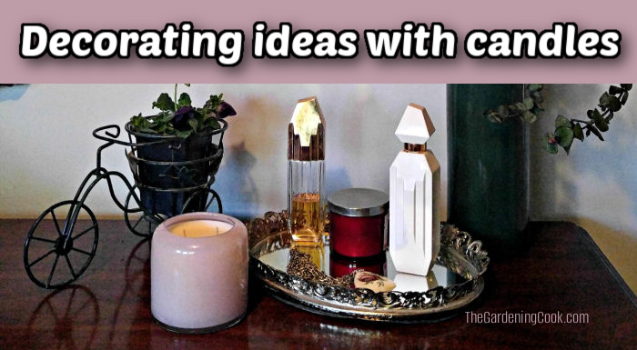 Candles and perfume on a dresser in a bedroom. Pink text box reads decorating ideas with candles.