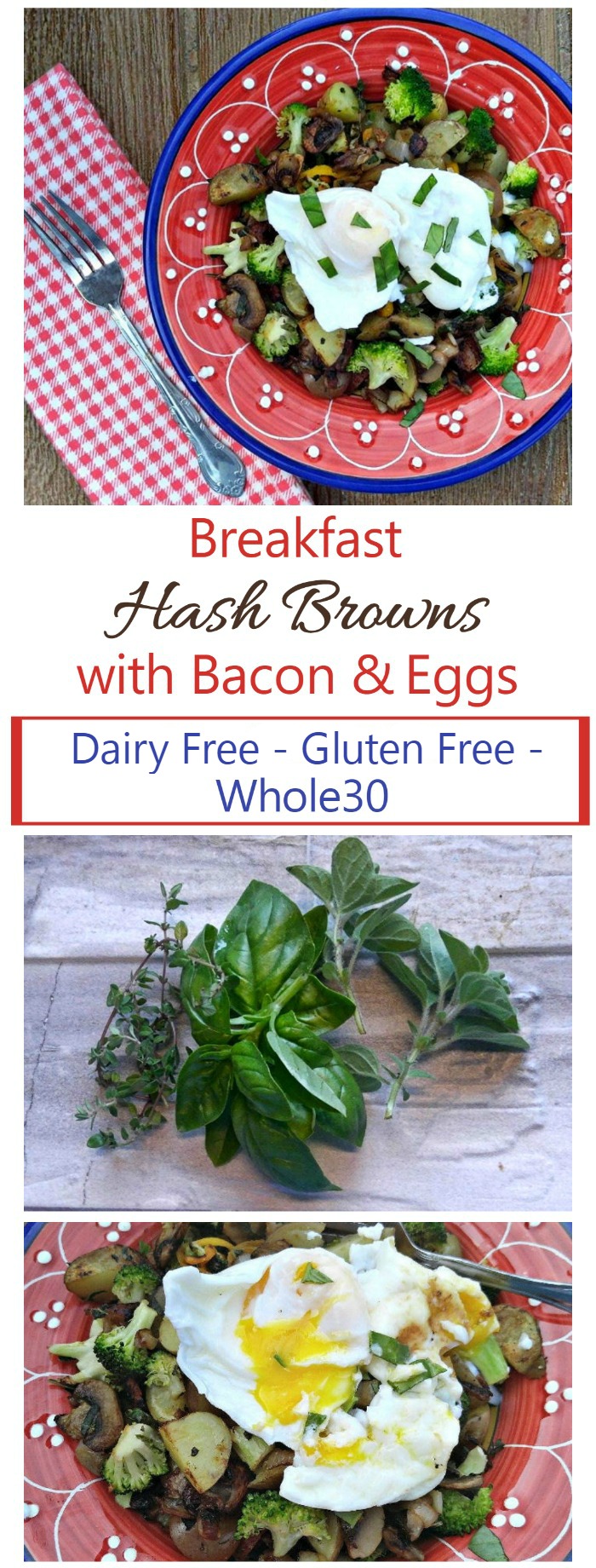 These breakfast hash browns with bacon and eggs are healthy, hearty and so delicious. Ready in less than 20 minutes and fits into the Paleo, (use sweet potatoes instead of white) Gluten free and Whole30 diet plans. #whole30