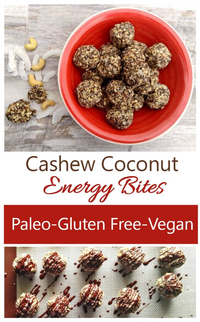 These cashew coconut energy bites have no added sugar and are very easy to make. They are gluten free, Paleo, dairy free and vegan (also Whole 30 compliant if you omit the vanilla extract.)