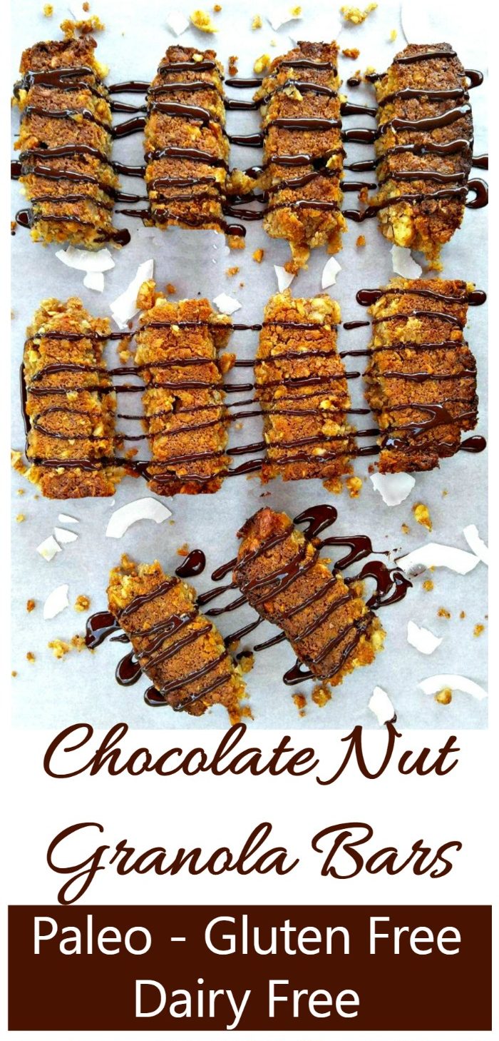 These chocolate nut granola bars are dairy free, Paleo and gluten free. YAY for clean eating!