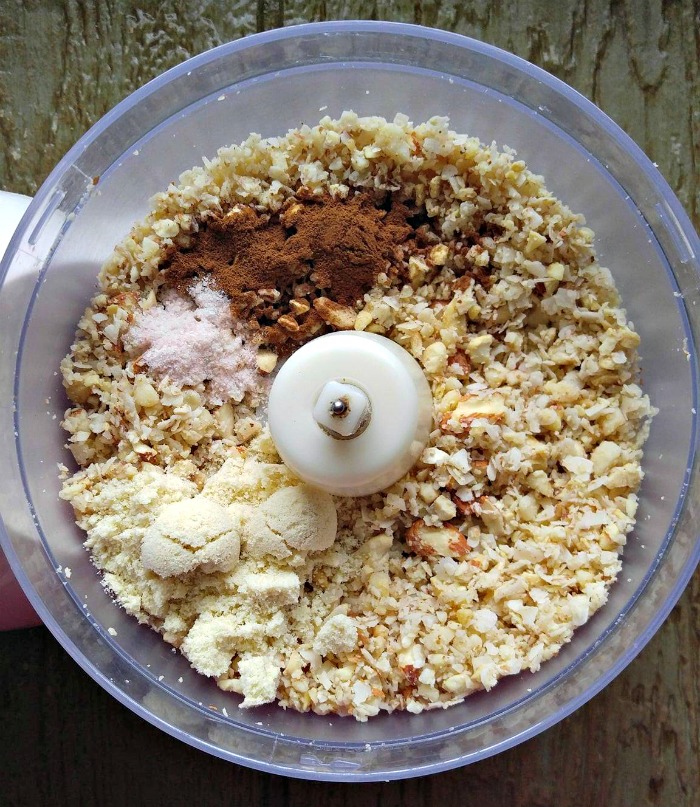 Chopped nuts and seasonings in a food proccessor