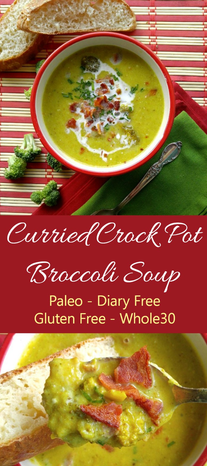 This curried crock pot broccoli soup is hearty and creamy. It has a lovely savory taste without too much heat. Serve it with some gluten free bread for a Paleo meal. Also Whole30 compliant if you omit the bread.