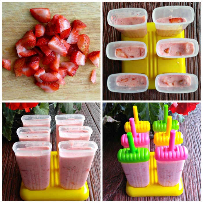 Making strawberry frozen yogurt pops