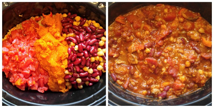 Add the pumpkin, chick peas, kidney beans and tomatoes. A collage with pictures of beans, pumpkin, chick peas and tomatoes in a crockpot.