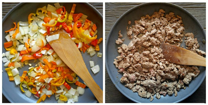 Brown the vegetables and ground turkey. Onions, garlic and peppers in a frying pan with a wooden spoon on one side and browned ground turkey on the other side of a collage.