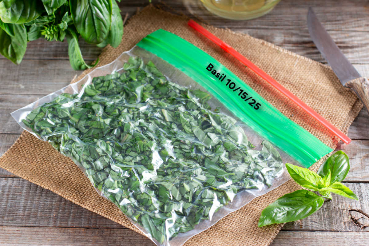 Frozen chopped basil in a labeled ziplock next to basil leaves and a knife.