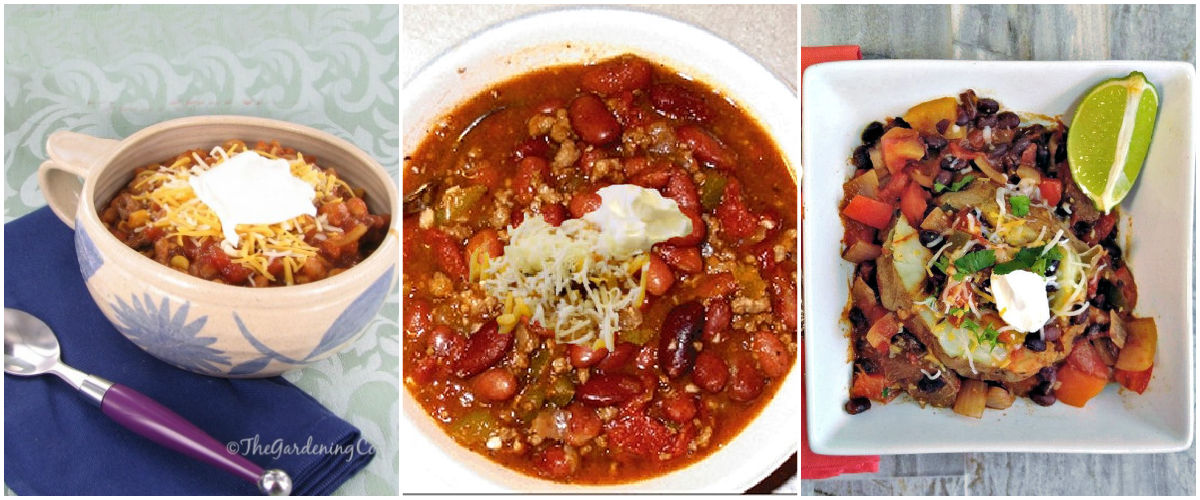 More chili recipes to try Three different chili recipes in dishes in a collage.