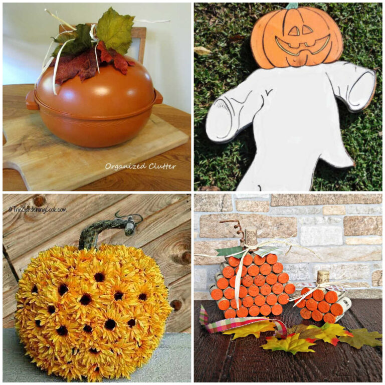 A bunwarmer pumpkin, wooden ghost pumpkin, sunflower pumpkin and wine cork pumpkins.