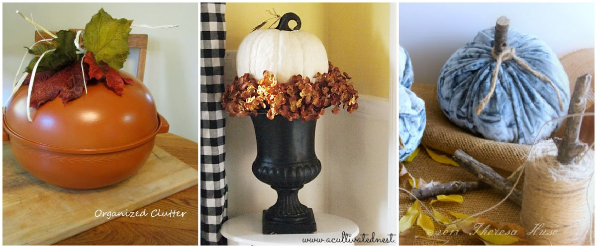 Pumpkin craft ideas: A bunwarmer pumpkin, black urn with pumpkin and plus velvet pumpkinin a collage.