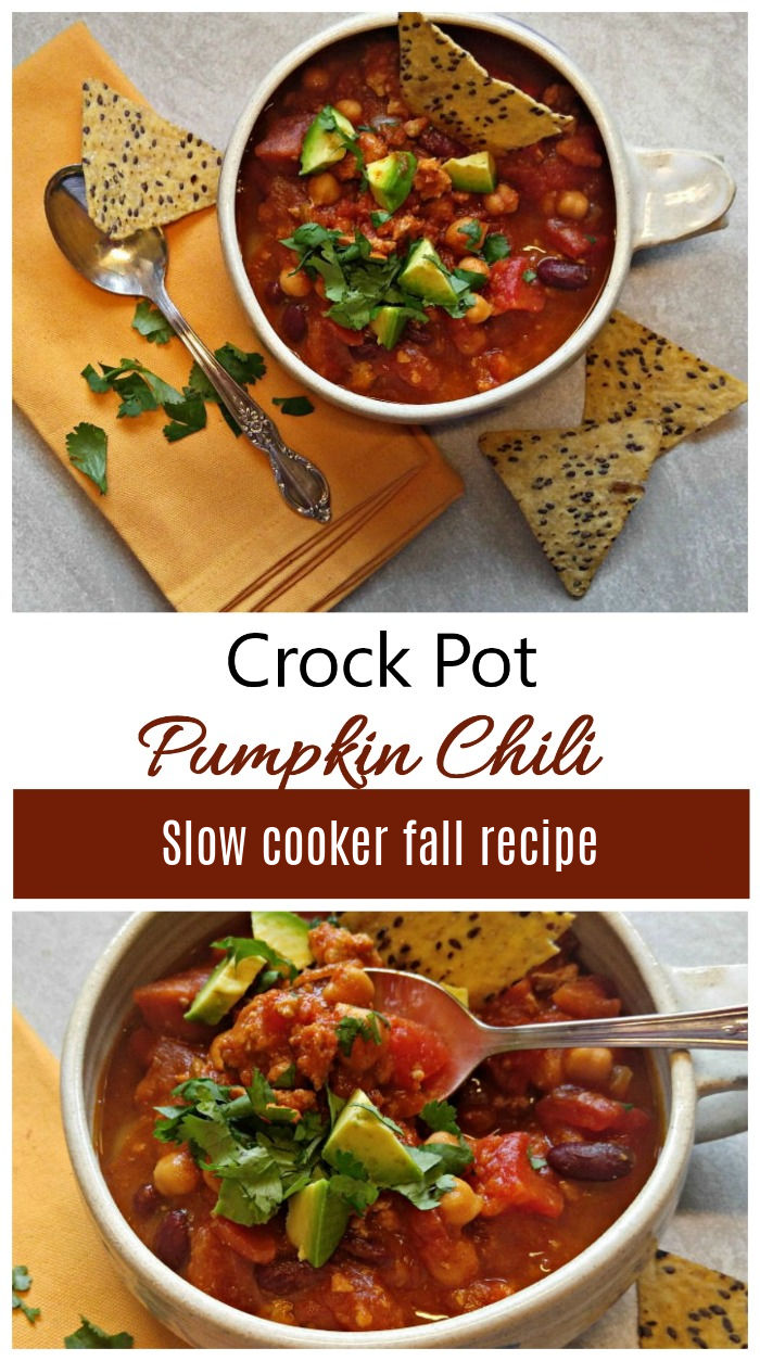 Slow Cooker Pumpkin Chili Recipe Pumpkin chili in a bowl with a spoon and rice crackers. Text box reads crock pot pumpkin chili slow cooker fall recipe.
