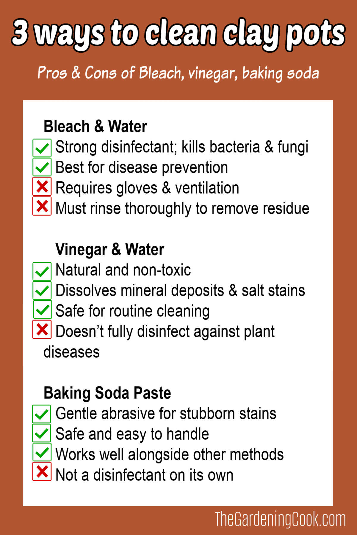 An infographic showing the pros and cons cleaning clay pots with bleach, vinegar and baking soda.