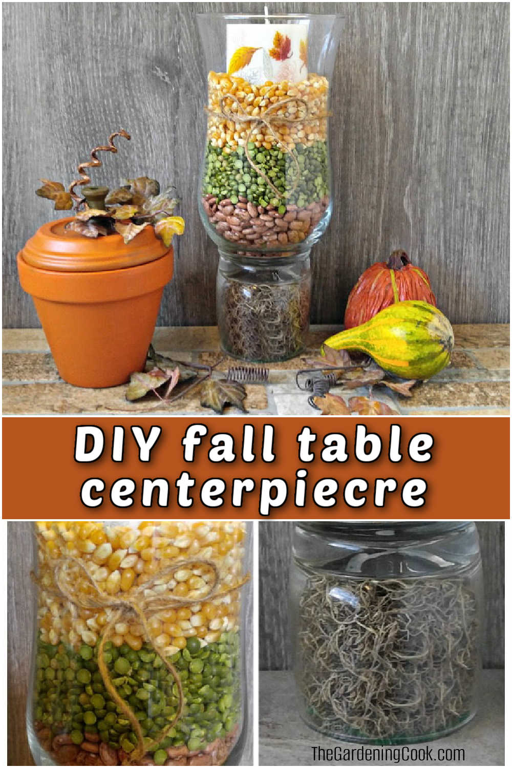 A collage with pictures of a fall candle centerpiece and details of the moss and split peas and popcorn in it. Orange text box reads DIY fall table centerpiece.