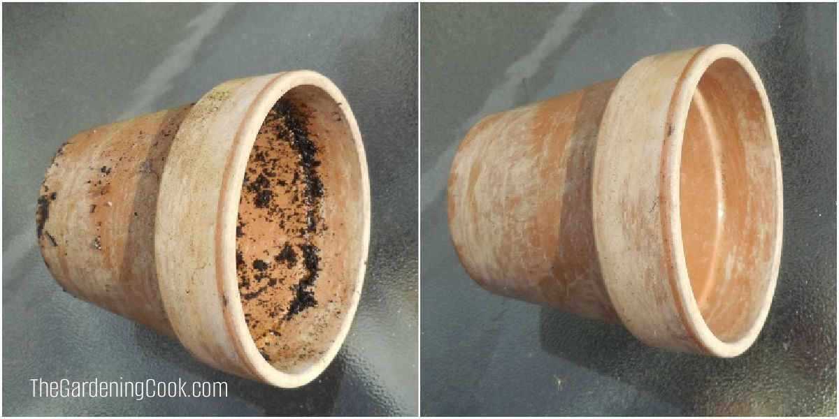 A collage showing a dirty and clean clay pot on a glass table.