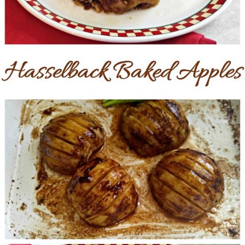 These hasselback baked apples are thinly sliced and drizzled with a butterly sugar glaze. The streusel topping is gluten free and tastes amazing. #hasselbackapples #bakedapples