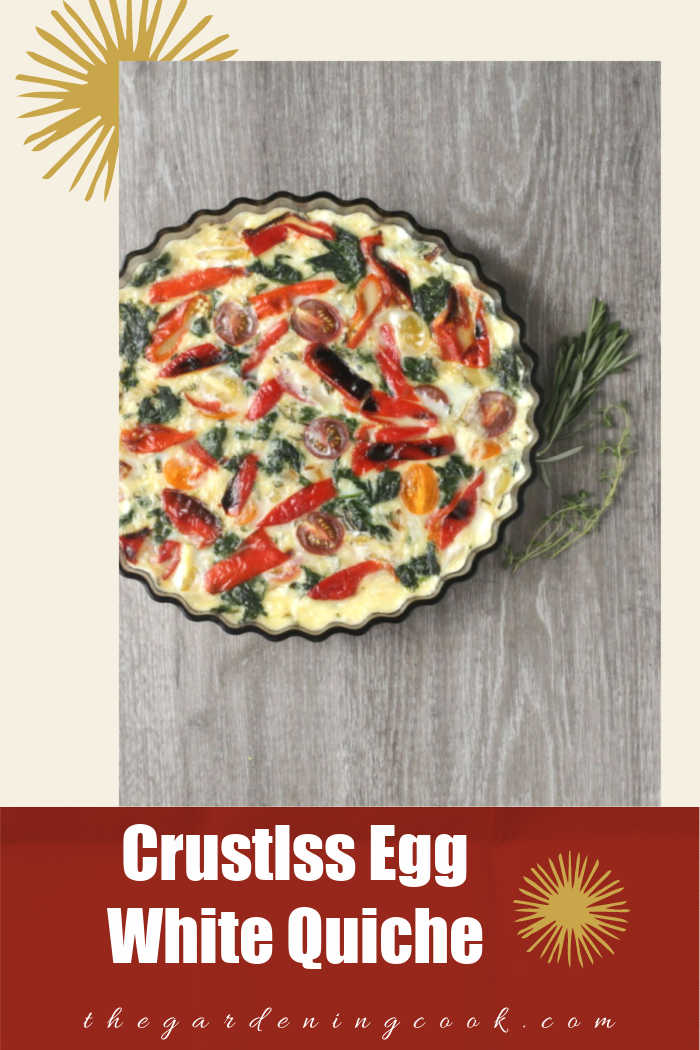 Crustless egg white quiche on a wooden board with a star burst and words reading Crustless egg white quiche.
