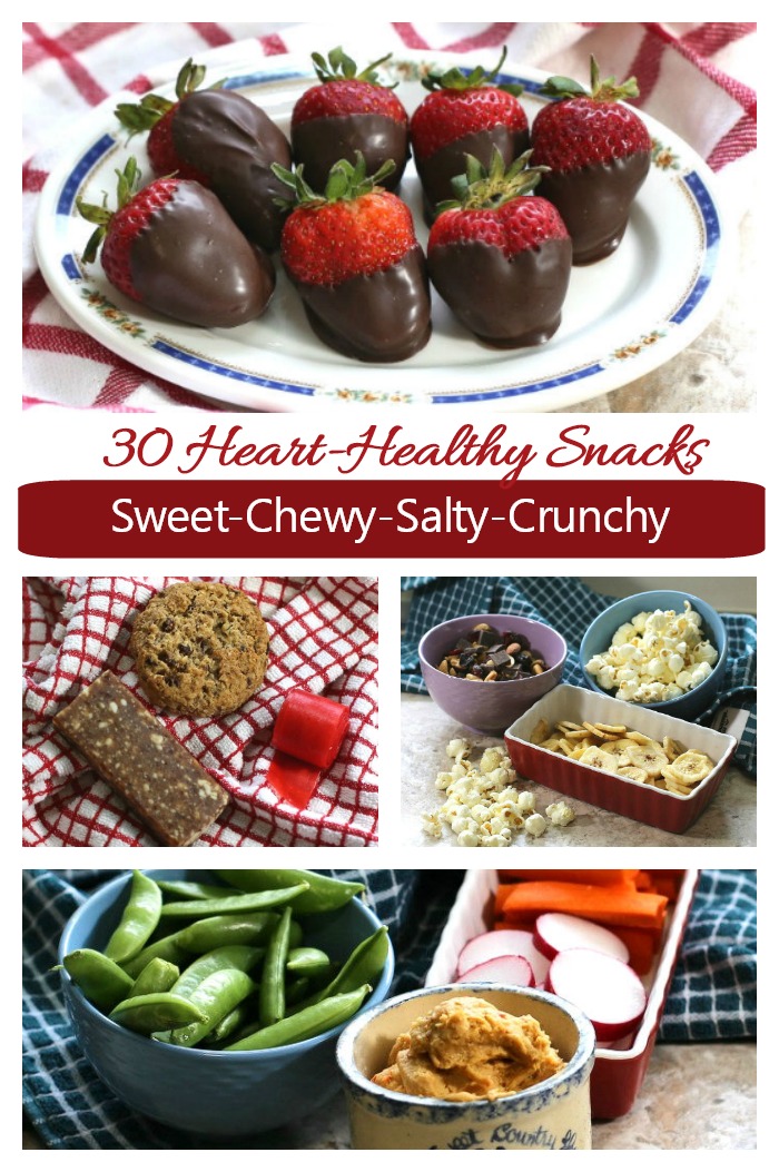 Chocolate strawberries, healthy cookies, popcorn, nuts, hummus and fresh vegetables with words 30 heart healthy snacks, sweet chewy salty and crunchy.