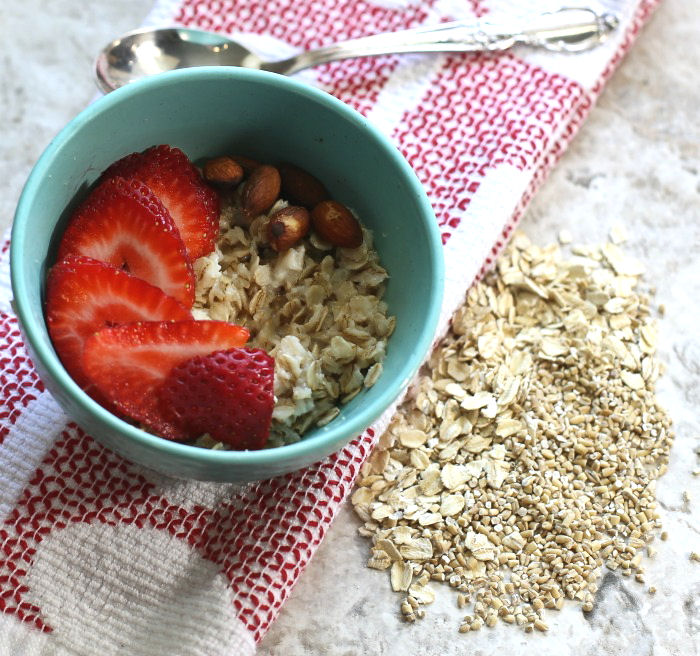 Rolled oats and steel cut oats with fruit and nuts makes a great breakfast