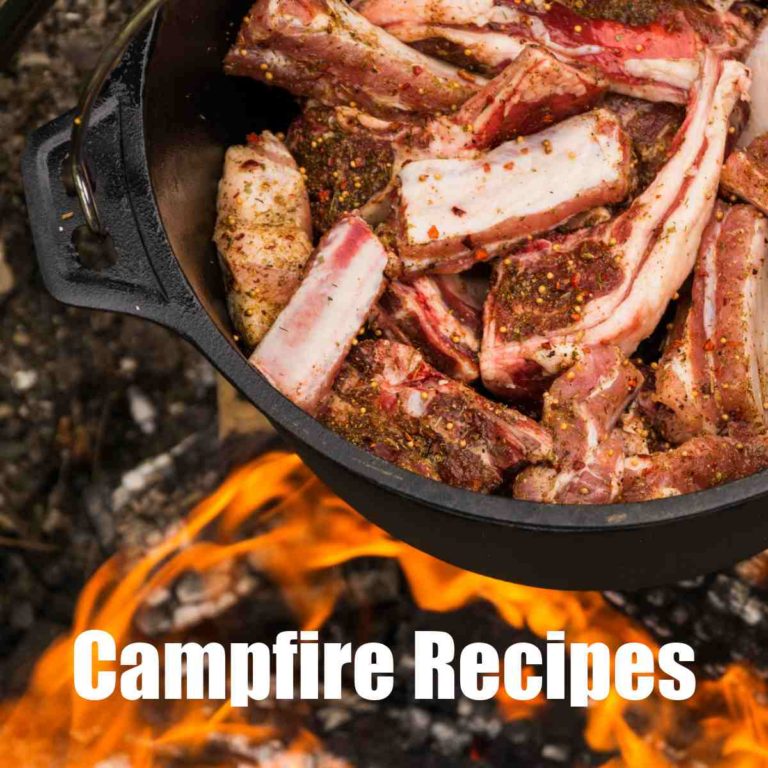 Chops in a cast iron pan with words Campfire recipes.