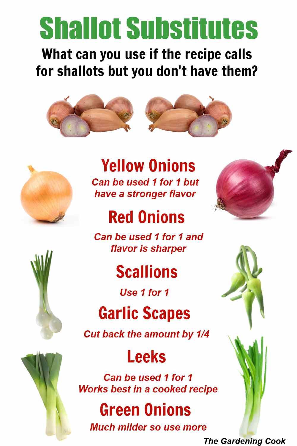 Shallot Substitutes with amounts and photos.