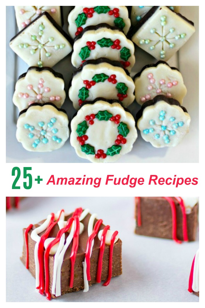 pieces of fudge in a collage with text reading "25+ amazing fudge recipes."