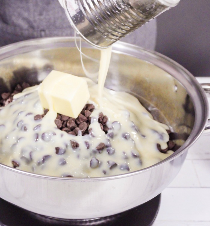 Chocolate chips, butter and condensed milk for making fudge.