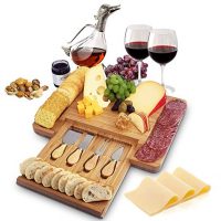 100% Natural Bamboo Cheese Board and Cutlery Set with Slide-out Drawer by Home Euphoria . Serving Tray for Wine, Crackers, Charcuterie. Perfect for Christmas, Wedding & Housewarming Gifts.