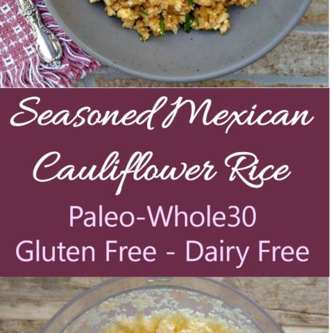 Seasoned Mexican cauliflower rice on a plate and in a food processor.