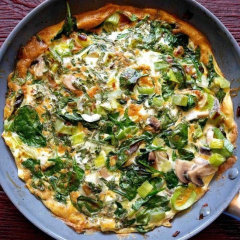 A frittata is cooked on the store top and finished in the oven