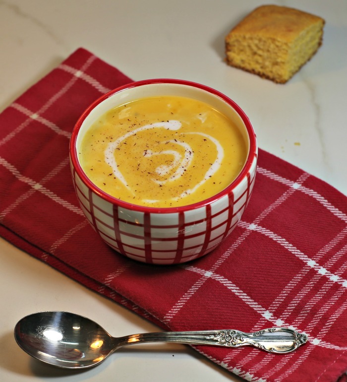 Crockpot butternut squash soup with sherry and cream.