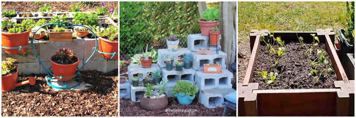 More cinder block projects including a concrete block flower garden, a concrete block succulent outdoor display and a concrete block and wood plank raised garden bed.