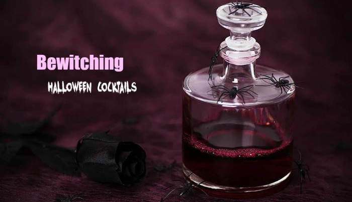 A dark scene with a bottle of purple liquid and black spider. Text overlay reads: Bewitching Halloween drinks
