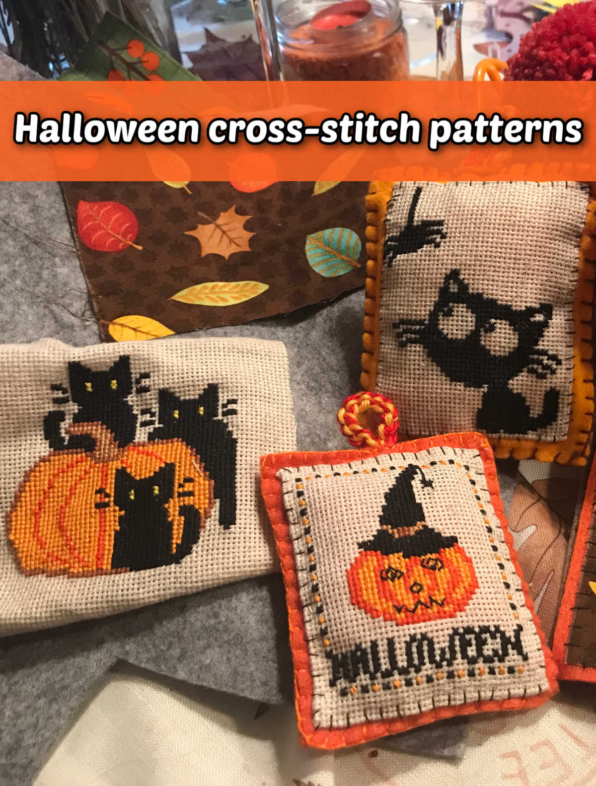 Pillows, cushions and fabric with Halloween designs. Orange text reads Halloween cross stitch patterns.