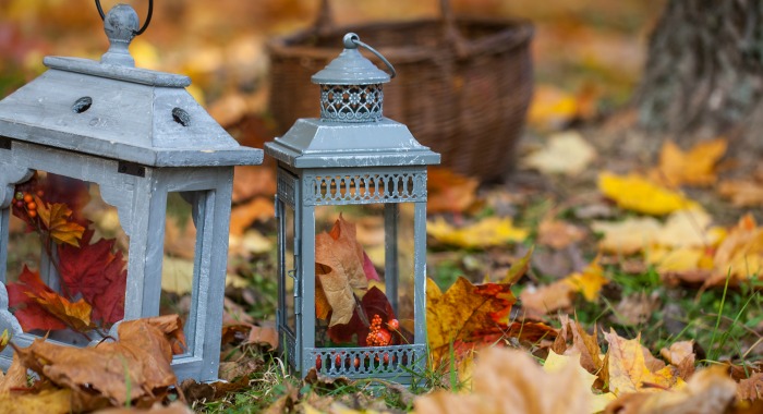 Two gray lanterns with fall leaves inside sitting on a lawn covered in leaves.